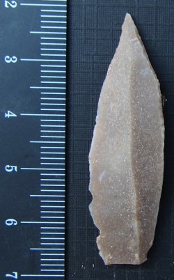 el-Wad point from the Early Upper Paleolithic site of Mughr el-Hamamah, Jordan (Stutz et al., in press). Photograph by Aaron Jonas Stutz CC-BY 2015.